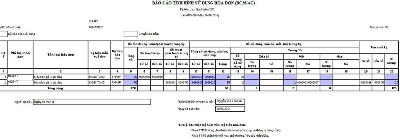 Giao diện báo cáo tình hình sử dụng hóa đơn (BC26/AC).