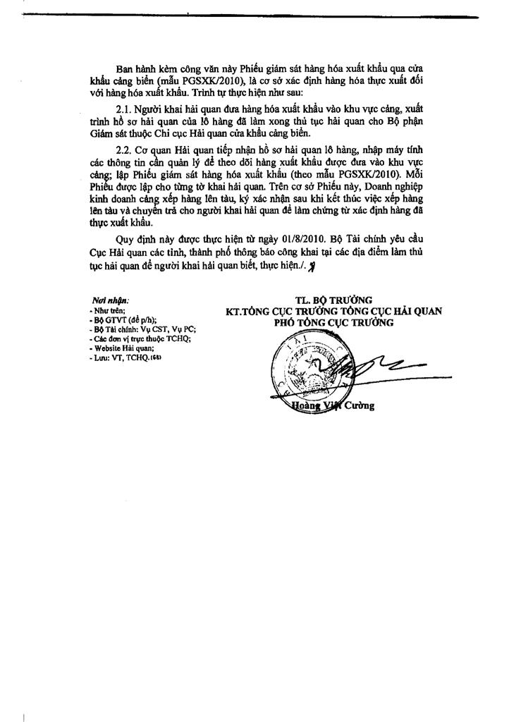 V/v Bổ sung nội dung khai Hải quan và Ban hành phiếu giám sát đối với hàng xuất khẩu bằng đường biển