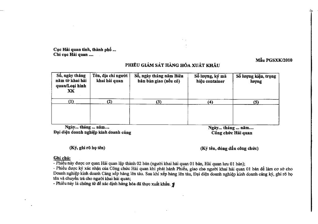 V/v Bổ sung nội dung khai Hải quan và Ban hành phiếu giám sát đối với hàng xuất khẩu bằng đường biển