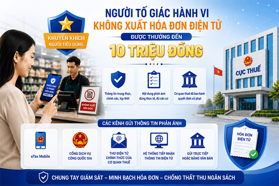 Người tố giác hành vi không xuất hóa đơn điện tử được thưởng đến 10 triệu đồng