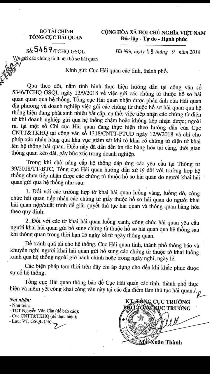 Công văn hỏa tốc số 5459/TCHQ-GSQL V/V Gửi các chứng từ thuộc hồ sơ hải quan