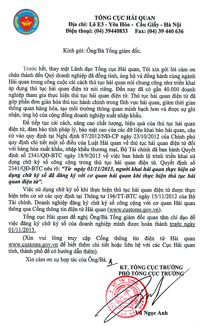 Thư của Tổng cục Hải quan gửi cộng đồng doanh nghiệp về việc đăng ký và sử dụng chữ ký số trong thủ tục hải quan điện tử