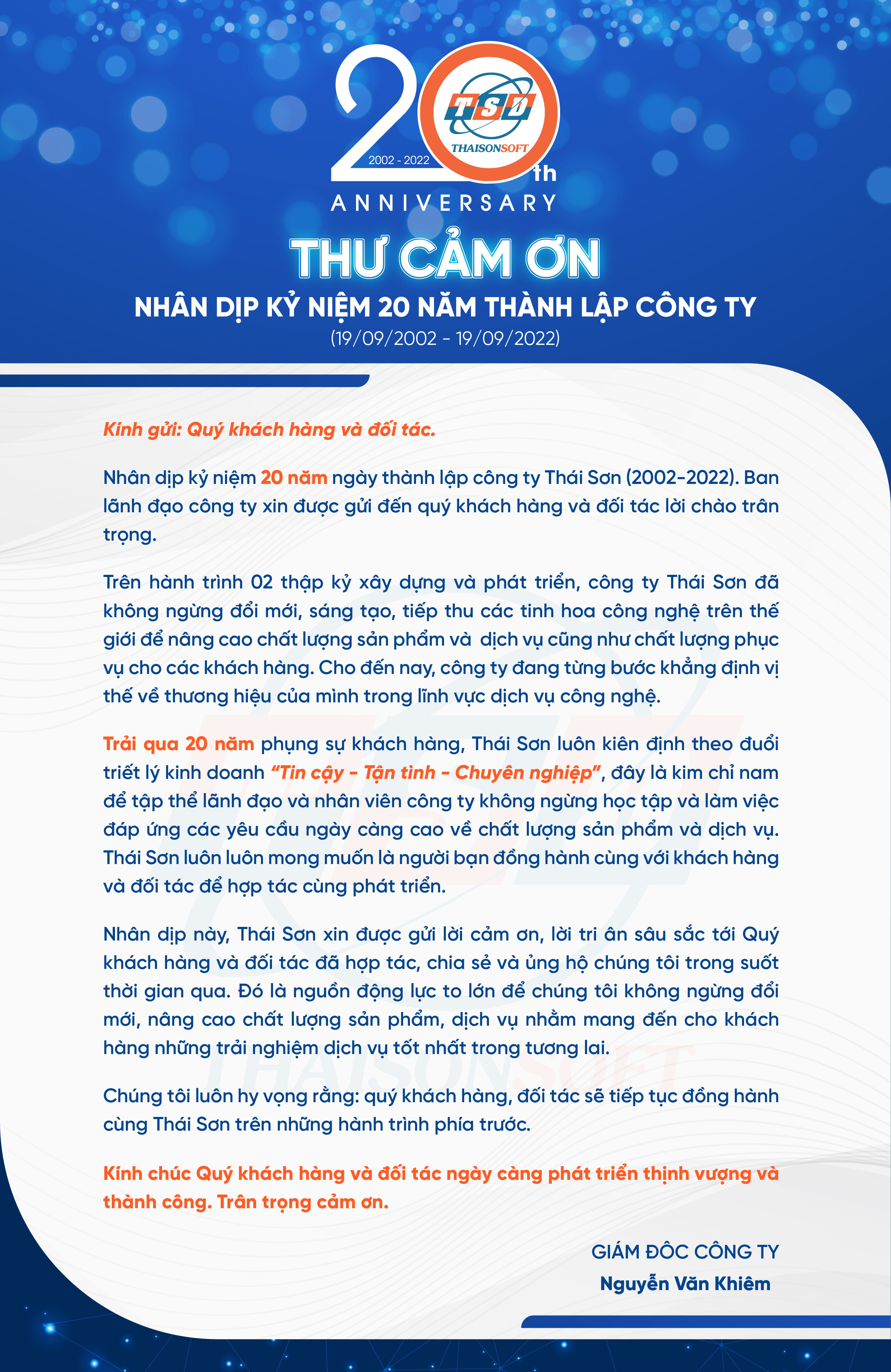 Thư cảm ơn nhân dịp kỷ niệm 20 năm thành lập công ty
